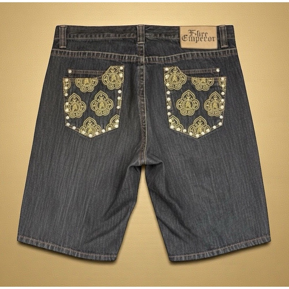Vintage Y2K CEZER Baggy Size 42 Denim Shorts Embroidered Studded Wide Leg Grunge
